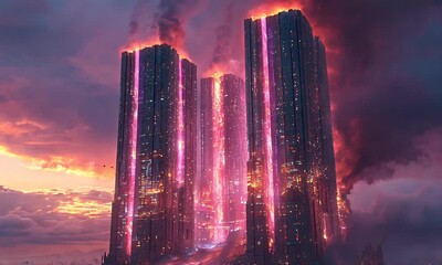 Aufkleber - Futuristic city towers glowing sunset dramatic sky
