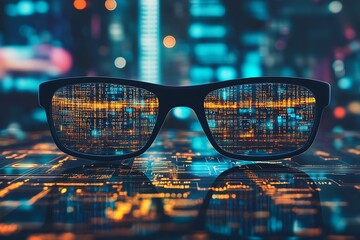 City night, code reflection in glasses, tech future