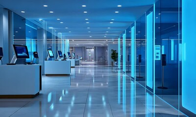 Aufkleber - Futuristic Lobby Blue-lit check-in kiosks, modern interior