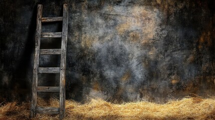 Wall Mural - Rustic Wooden Ladder Against Textured Wall with Straw Background