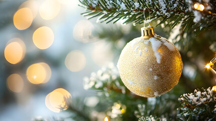 Aufkleber - Snowy Christmas Tree with Golden Ornament Creating Festive Ambiance : Generative AI