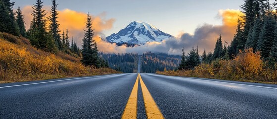 Mountain view road with yellow lines and autumn trees under a cloudy sky at dawn