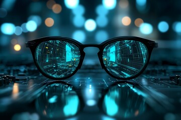 Digital glasses reflect data; city lights blur. Tech future concept