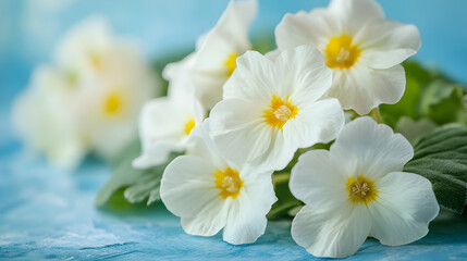 Wall Mural - White primroses bouquet, spring flowers, blue background, nature scene, greeting card