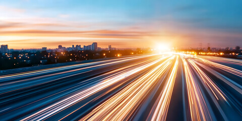 Poster - Vibrant City Highway at Sunset with Light Trails and Urban Skyline : Generative AI