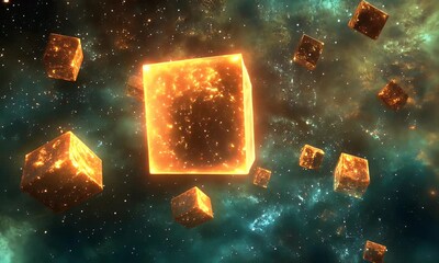 Poster - Glowing cubes float in cosmic nebula; data visualization