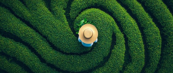 A woman is standing in a maze of green bushes