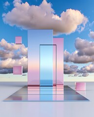Wall Mural - A surreal landscape featuring transparent geometric shapes in pastel colors against a backdrop of fluffy clouds and a serene sky. psychedelic vivid dimension concept