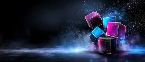 Wall Mural - colorful cubes explode in a burst of light and particles against a dark background, creating a dynam