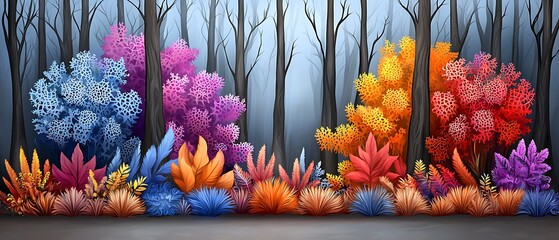 Wall Mural - vibrant forest scene featuring colorful foliage in shades of purple, blue, orange, and yellow, set a
