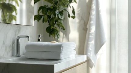 Freshly laundered white bedding sheets arranged tidily on a sleek bathroom table, adding a touch of cleanliness and simplicity