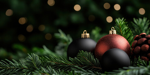 Wall Mural - christmas ornaments on fir branches with bokeh lights. holiday decorations and greeting cards