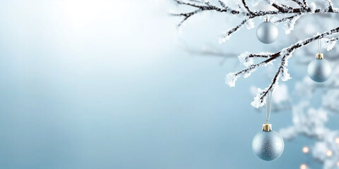 Wall Mural - Silver christmas baubles on snowy tree branch with blue background. Holiday and winter decor content
