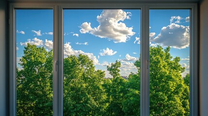 Sticker - The apartment window frames a breathtaking panorama of tall green trees swaying under a sunny sky with soft white clouds