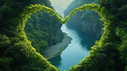 Canvas Print - The heart-shaped foliage reveals a stunning river winding toward a cliff, surrounded by vibrant greenery and a serene atmosphere