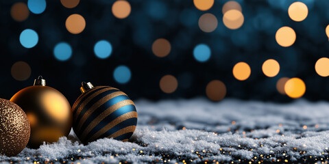 Wall Mural - christmas balls on snow with bokeh lights background. holiday decoration concept