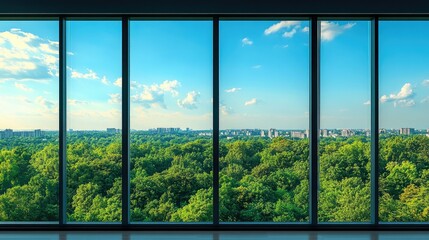 Sticker - Through the wide glass apartment window, a lush green forest meets the horizon under a calm, bright blue sky