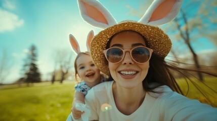 Wall Mural - Mother and daughter dressed for the Easter holiday
