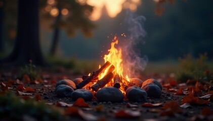 Wall Mural - Softly glowing campfire on a misty autumn evening, soft, shadows, warm