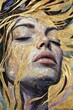 © KerXing - Stunning Mosaic Art Portrait of a Woman with Closed Eyes and Flowing Hair in Golden and Earthy Tones