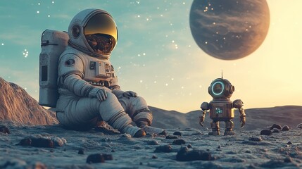 Wall Mural - Astronaut and robot on the planet