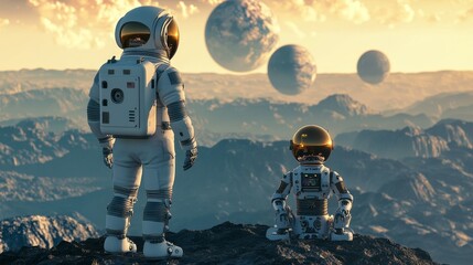 Wall Mural - Astronaut and robot on the planet