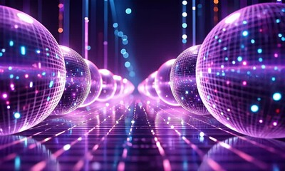 Poster - Glowing spheres line futuristic corridor; digital data streams background; tech concept