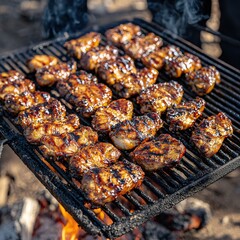 Wall Mural - Barbecue chicken grilling on hot charcoal grill with flames and smoke for outdoor cooking
