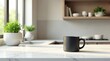 © napak - A dark mug sits on a pristine white countertop in a sunlit kitchen, near potted plants and a blurred background suggesting a calm and organized domestic space.
