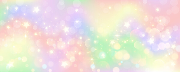 Wall Mural - rainbow unicorn pastel background with glitter stars. pink fantasy sky. holographic space with bokeh