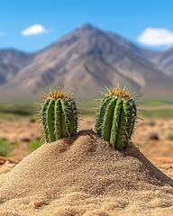 Wall Mural - Miniature art style photography concept, Two green cacti stand on a sandy mound with a mountainous backdrop under a clear blue sky, showcasing a desert landscape.