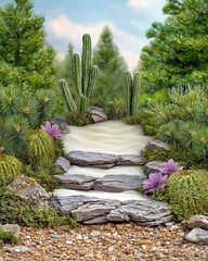 Wall Mural - miniature art style photography concept, lush greenery with cacti and purple flowers along a sandy p