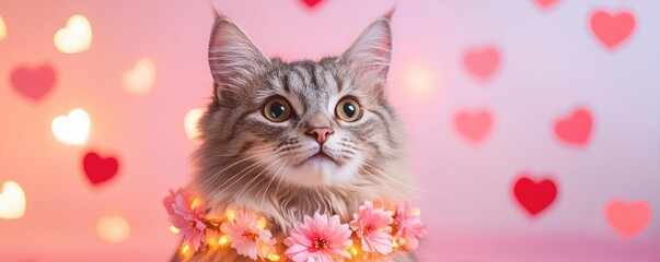  Love your pet day concept. A vibrant portrait of a cat wearing a flower garland, surrounded by glowing hearts