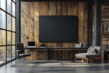 Leinwandbilder - Modern open office interior design with wooden walls large blank canvas bright natural light and city view