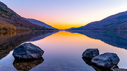 Wall Mural - serene sunset over calm lake surrounded by mountains and rocks in tranquil nature setting rest rejuv