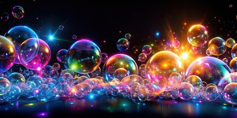 Close-up shot of a black background with abstract neon bubbles rising from the surface, emitting a gentle hum and colorful sparks, light emitted, sparkles