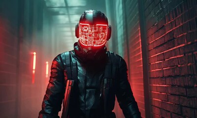 Leinwandbilder - Neon-lit alley, masked figure, cyberpunk future, gaming