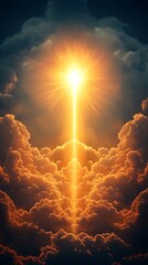 Wall Mural - Radiant Sunbeam Piercing Through Dramatic Clouds at Dusk Creating a Majestic Atmosphere Awareness strength focus