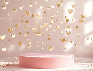 Wall Mural - 3d rendering Valentine's Day background with podium and flying hearts on pink pastel color background. Love concept for product display presentation mockup design. 