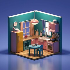 Wall Mural - a miniature 3d rendering of a kitchen with pastel colors and a cute table and chairs.