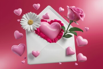 Wall Mural - Pink hearts, a rose, and a daisy in a white envelope on a red background.