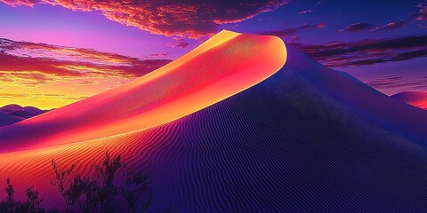 Wall Mural - A futuristic desert landscape with glowing sand dunes in vibrant neon hues of pink and orange under a twilight sky blending soft purple and gold tones, creating a dreamlike and captivating background 