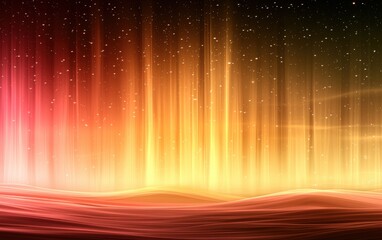 Wall Mural - A serene desert illuminated by radiant pastel hues of orange and pink flowing softly over smooth dunes, under a twilight sky filled with faint stars and the glow of a golden aurora 