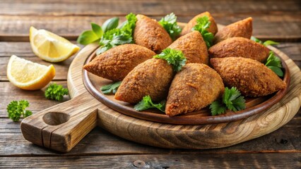 Wall Mural - Crispy golden brown kibbeh patties served on a wooden platter amidst fresh parsley and lemon wedges, crispy exterior, middle eastern cuisine