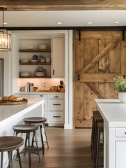 Canvas Print - A kitchen with a large pantry hidden behind sliding barn doors.