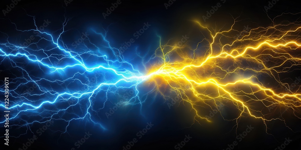Electric discharge in the blue and yellow lightning bolts on a dark ...