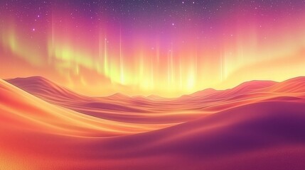 Wall Mural - A tranquil desert horizon glowing in radiant hues of pink, orange, and purple, with smooth dunes stretching into the distance under a twilight sky filled with stars and a faint aurora glow 