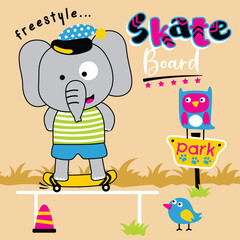 Wall Mural - Elephant skating with freestyle pose at park with colorful text and playful design. Outdoor activity concept
