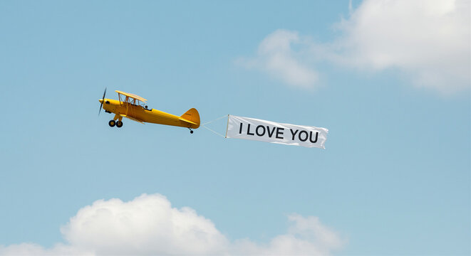 airplane flying with love message banner in the sky