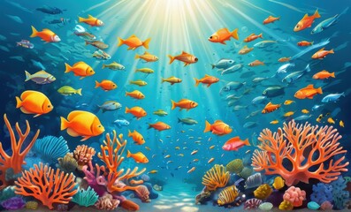 Naklejka na meble Vibrant Underwater Coral Reef with Diverse Fish and Sunlight